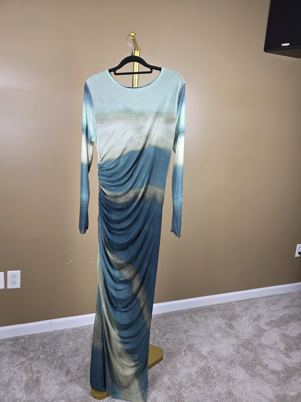 Ruched Teal and Cream Long-Sleeve Maxi Dress. New Without Tag